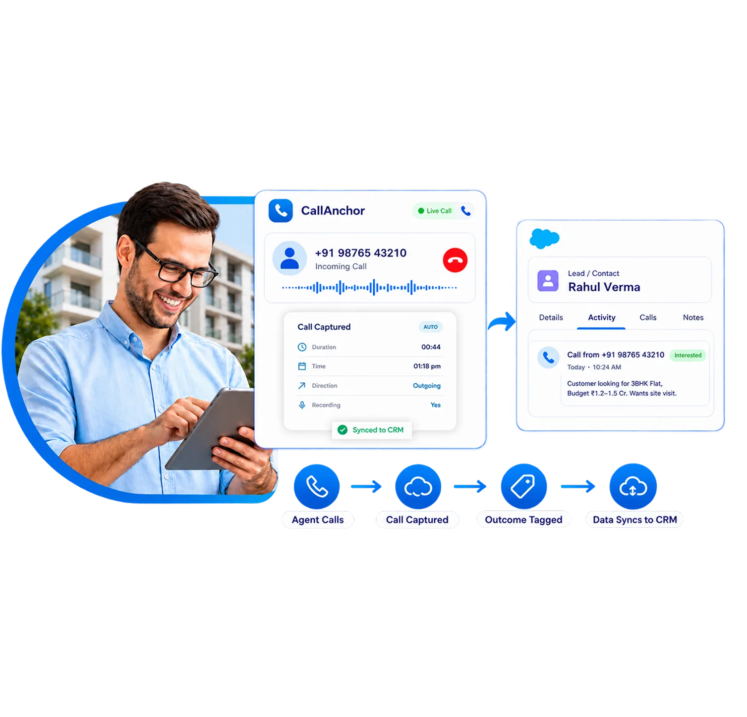 A property advisor on a mobile call while 360 CallAnchor captures the call and syncs it to the CRM lead record