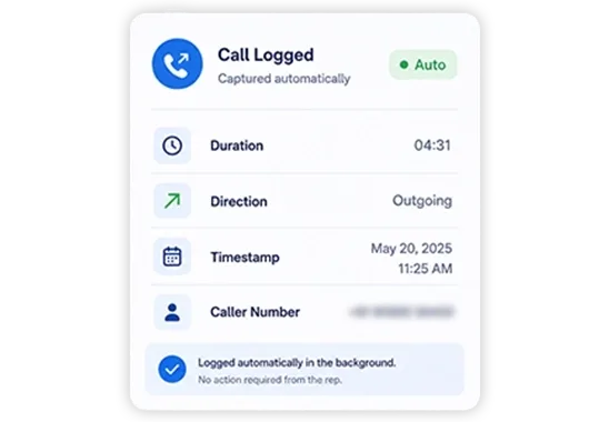 A call record showing duration, direction, caller number, disposition and follow-up date logged automatically the moment the call ended