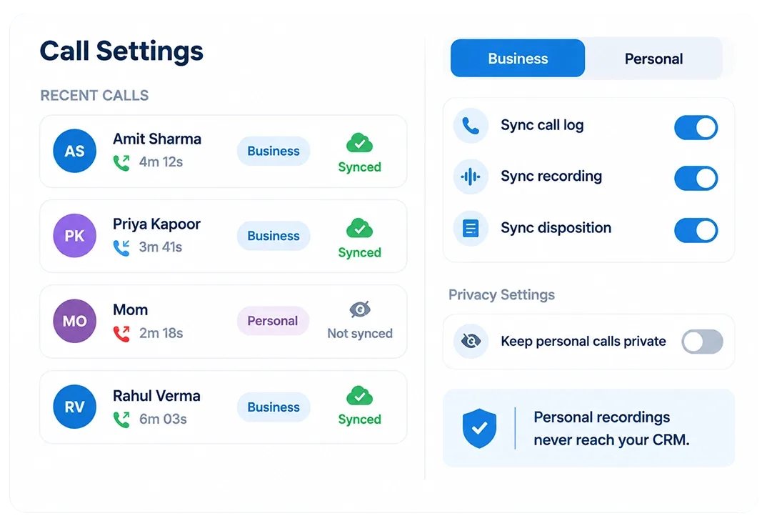 Call settings screen separating business and personal calls, with sync toggles on for business calls and off for personal
