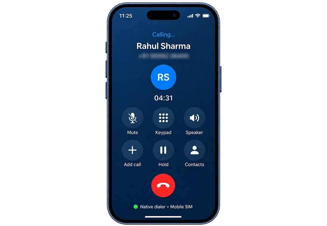A rep makes an outgoing call from their own mobile SIM using the native dialler, with no VoIP or virtual number involved