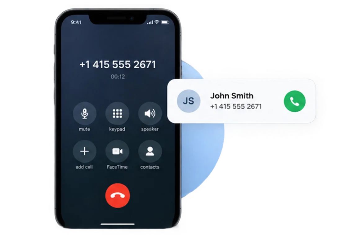 A rep makes an outgoing call from their own mobile SIM using the native dialler, with no VoIP or virtual number involved