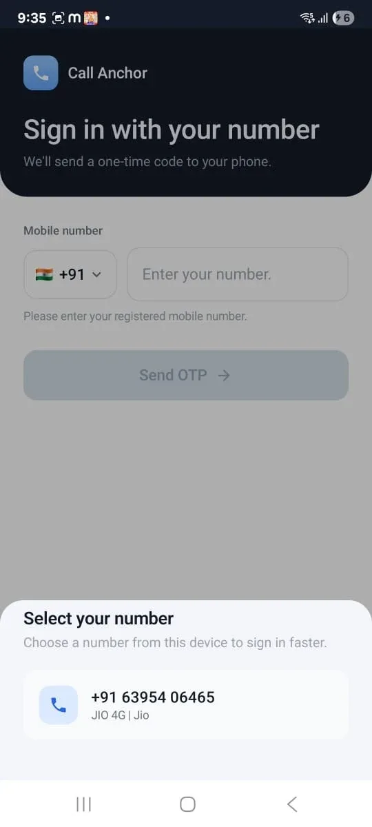 Select your number — choose a detected SIM to sign in faster.