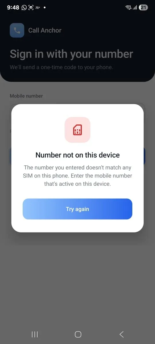 “Number not on this device” — enter the number that's active on this device.