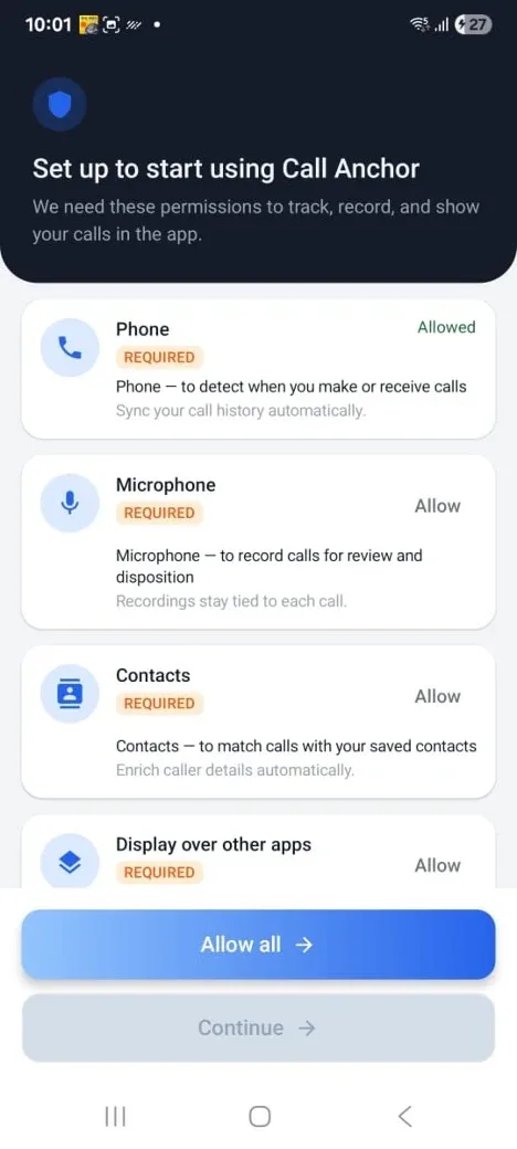 Permission checklist — tap Allow All, then Continue.