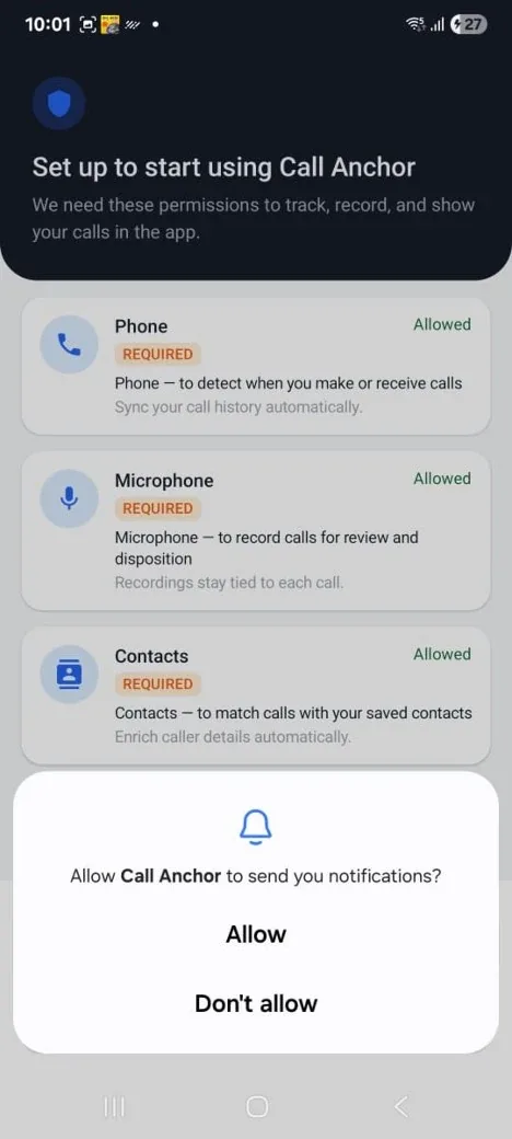 Notifications permission prompt.