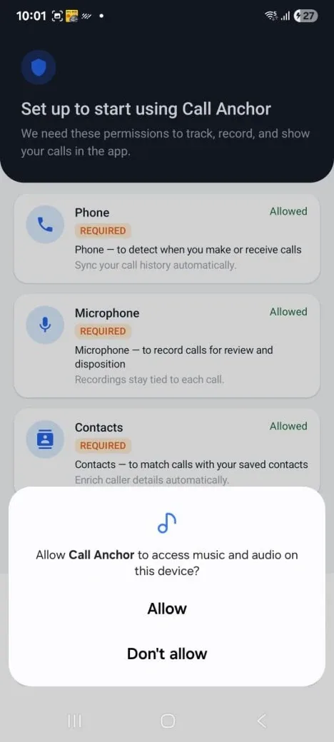 Music and audio permission prompt.