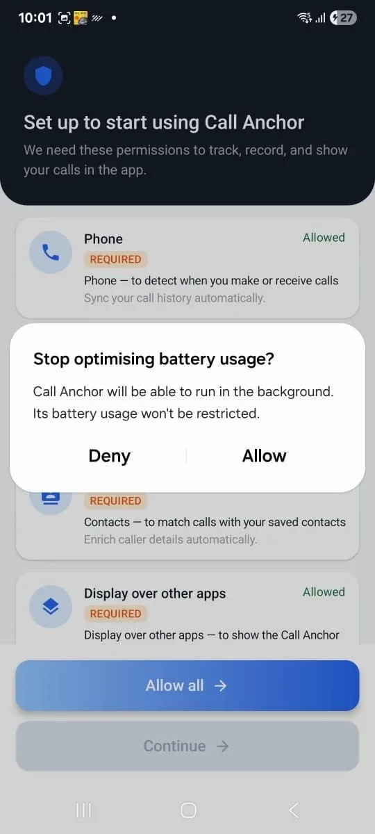 Battery optimization prompt — allow background use.