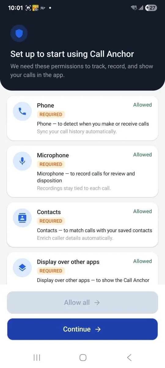 All permissions granted — tap Continue to enter the app.