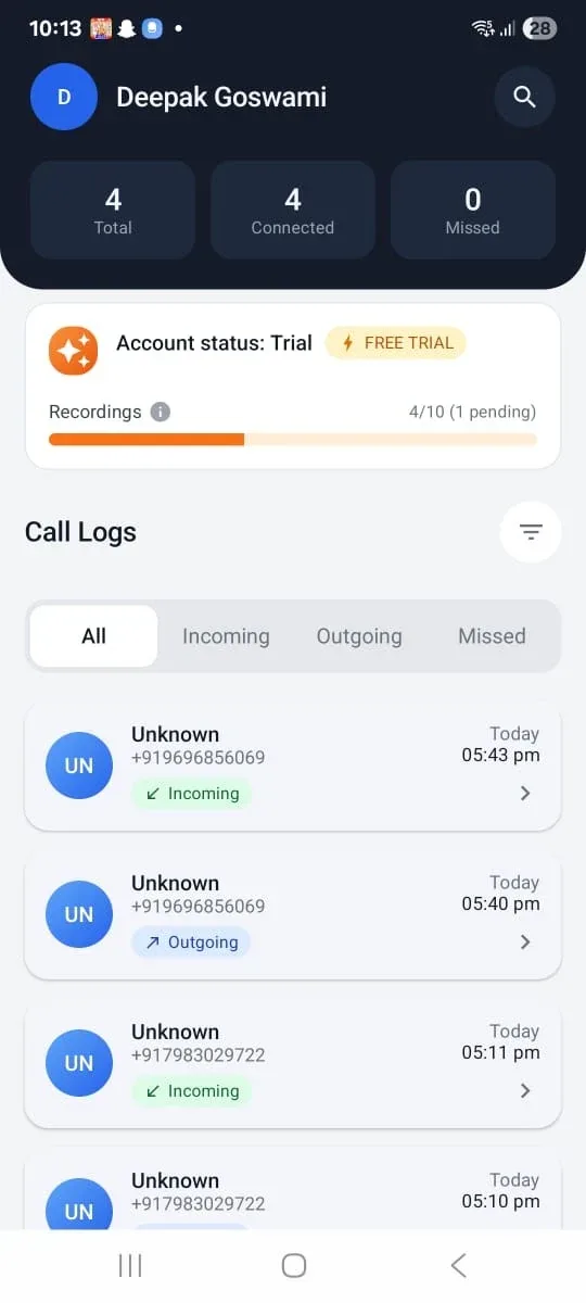 Home screen — call summary, account status, and recent call logs.