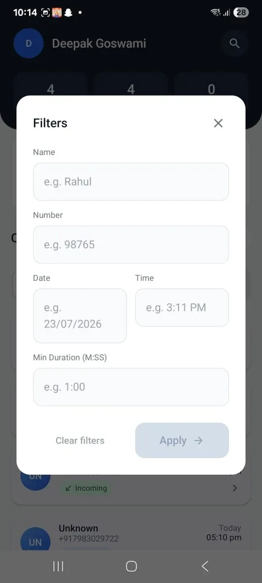 Filters — search call logs by name, number, date, time, or duration.