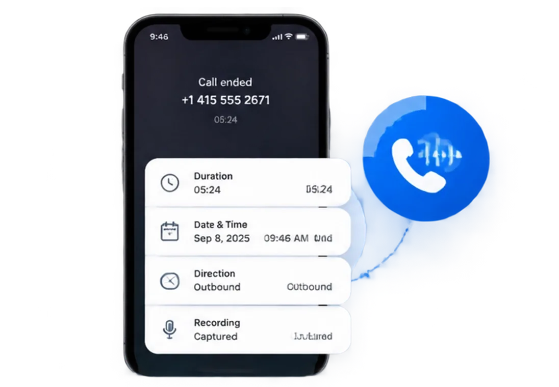 A call record showing duration, direction, caller number, disposition and follow-up date logged automatically the moment the call ended