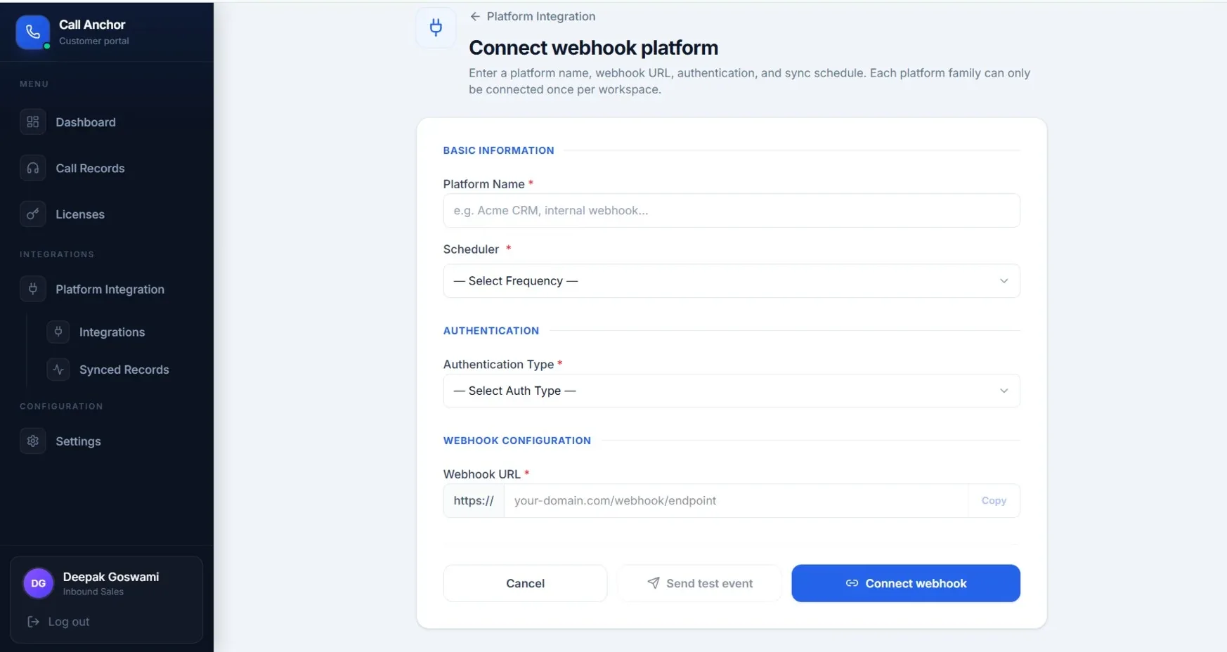 CRM Set-up screen — connect a CRM or custom webhook platform.