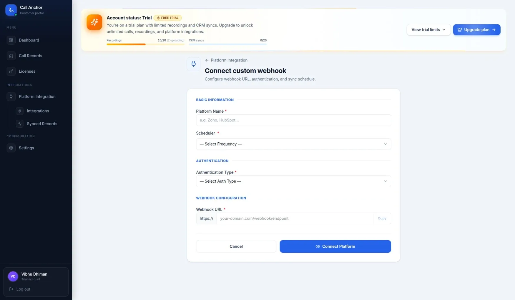 Platform Setup screen — connect a calling platform to Call Anchor.