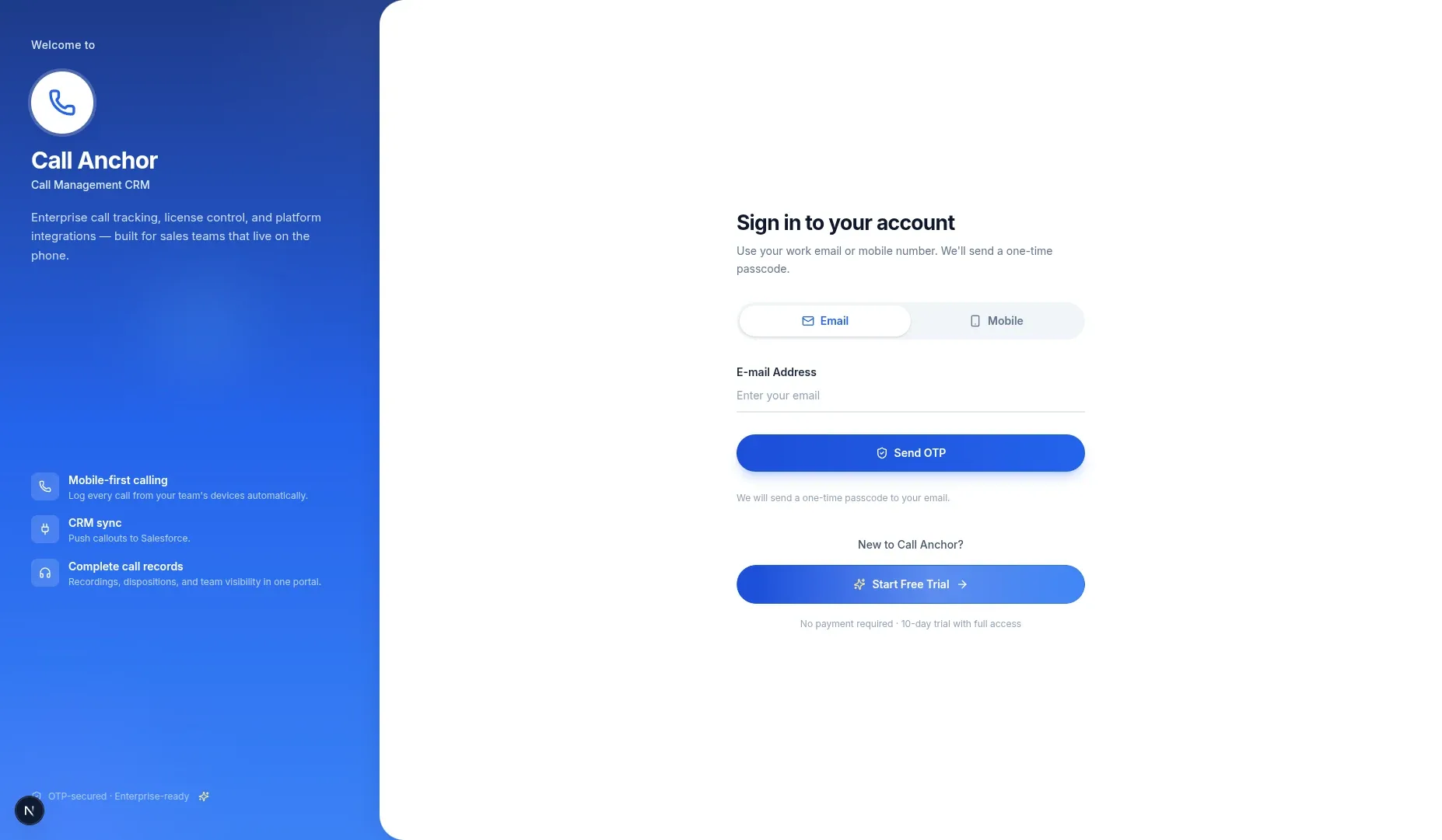 Call Anchor sign-up / log-in screen.