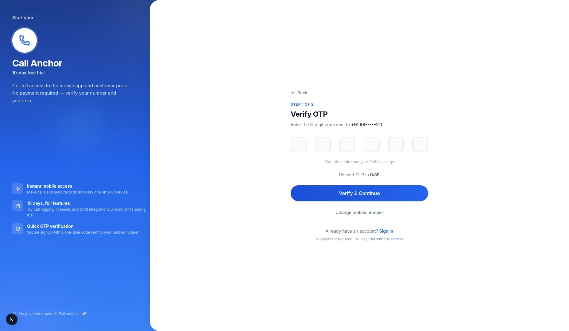 OTP verification screen.