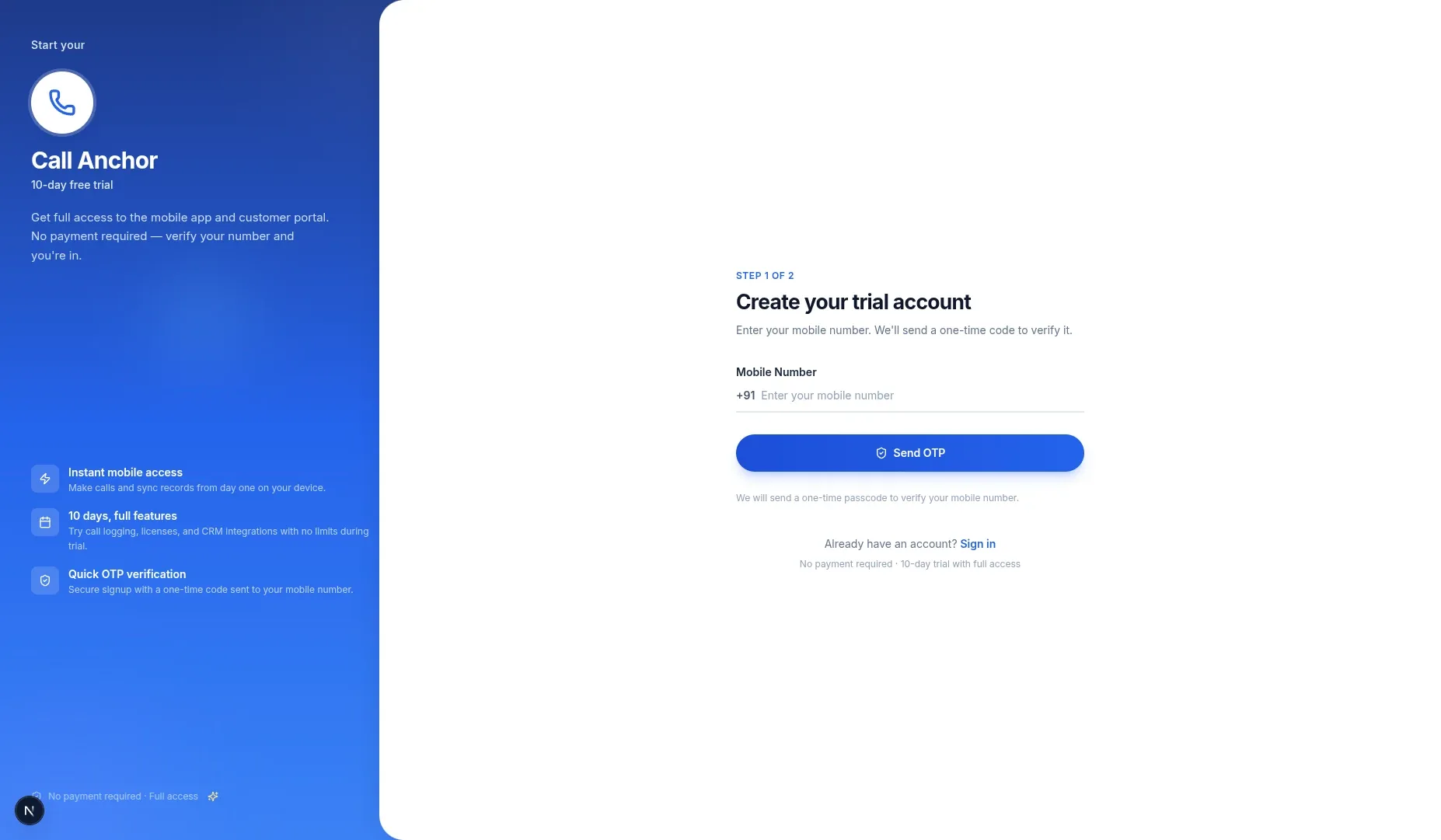 Free trial plan selection screen.