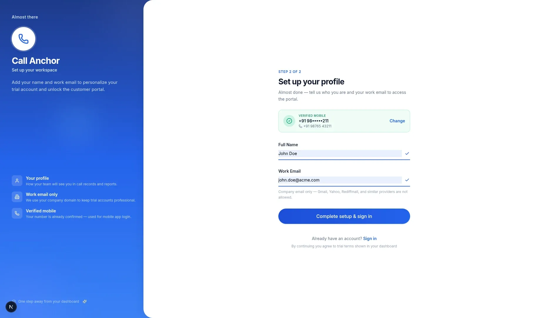 Profile setup screen.