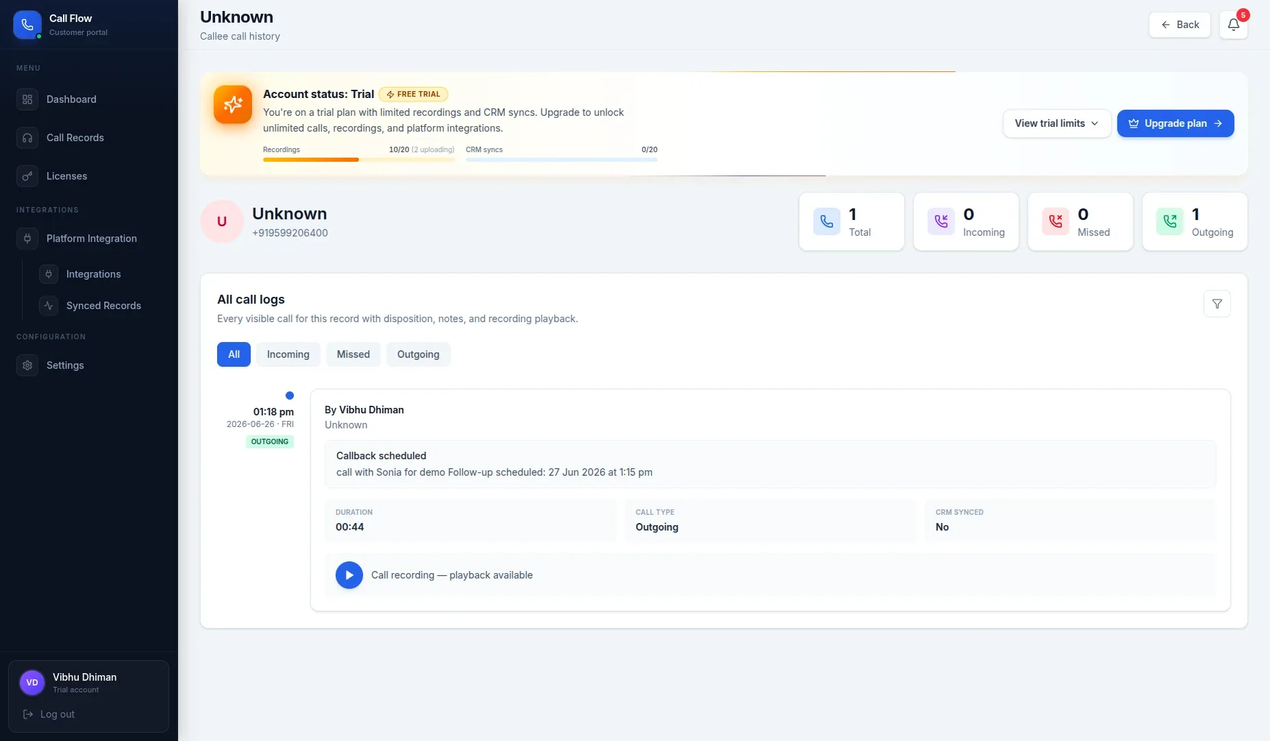 Call Detail page with recording, notes, and CRM linkage.