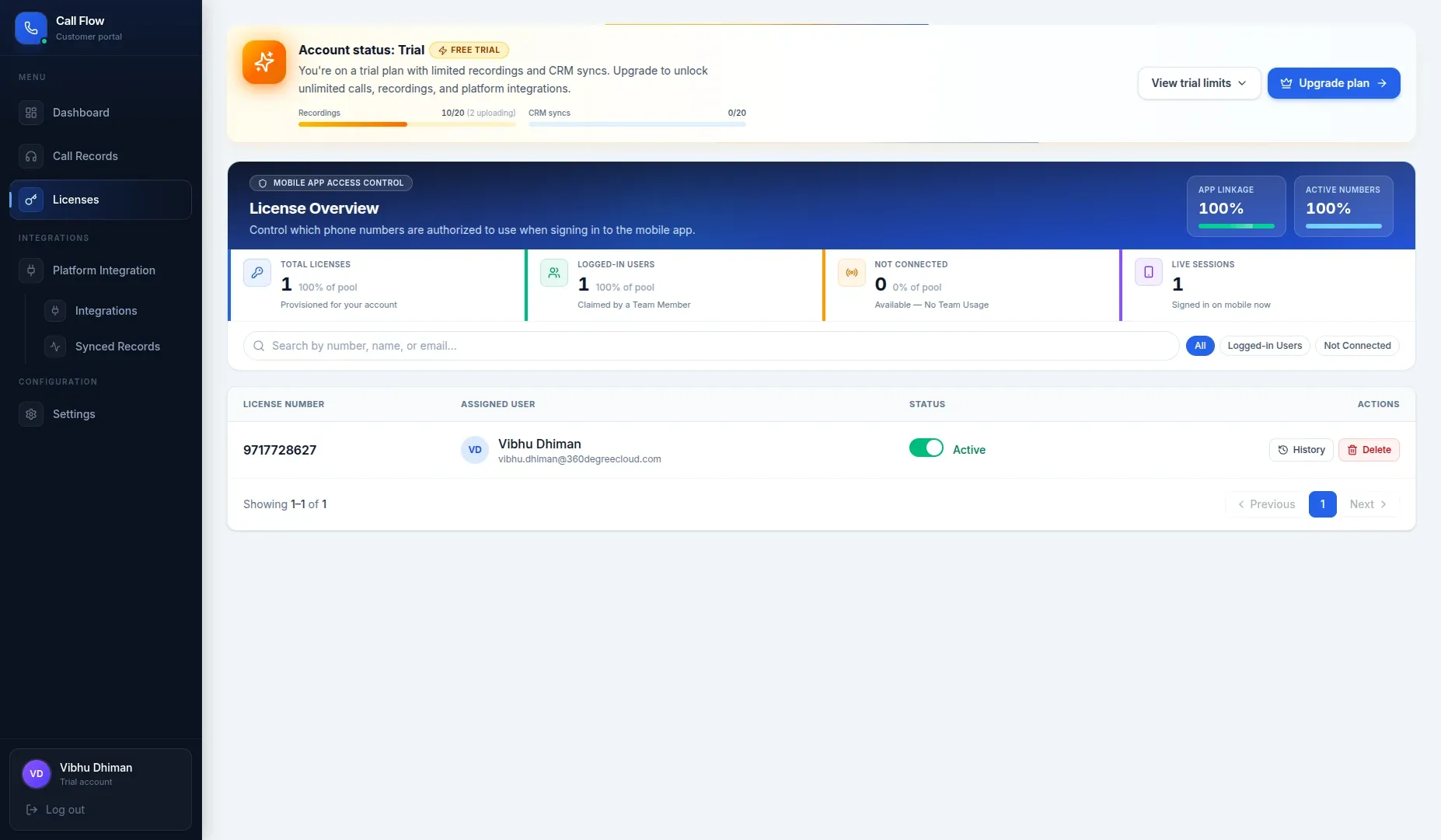 Licenses page showing plan and seat usage.