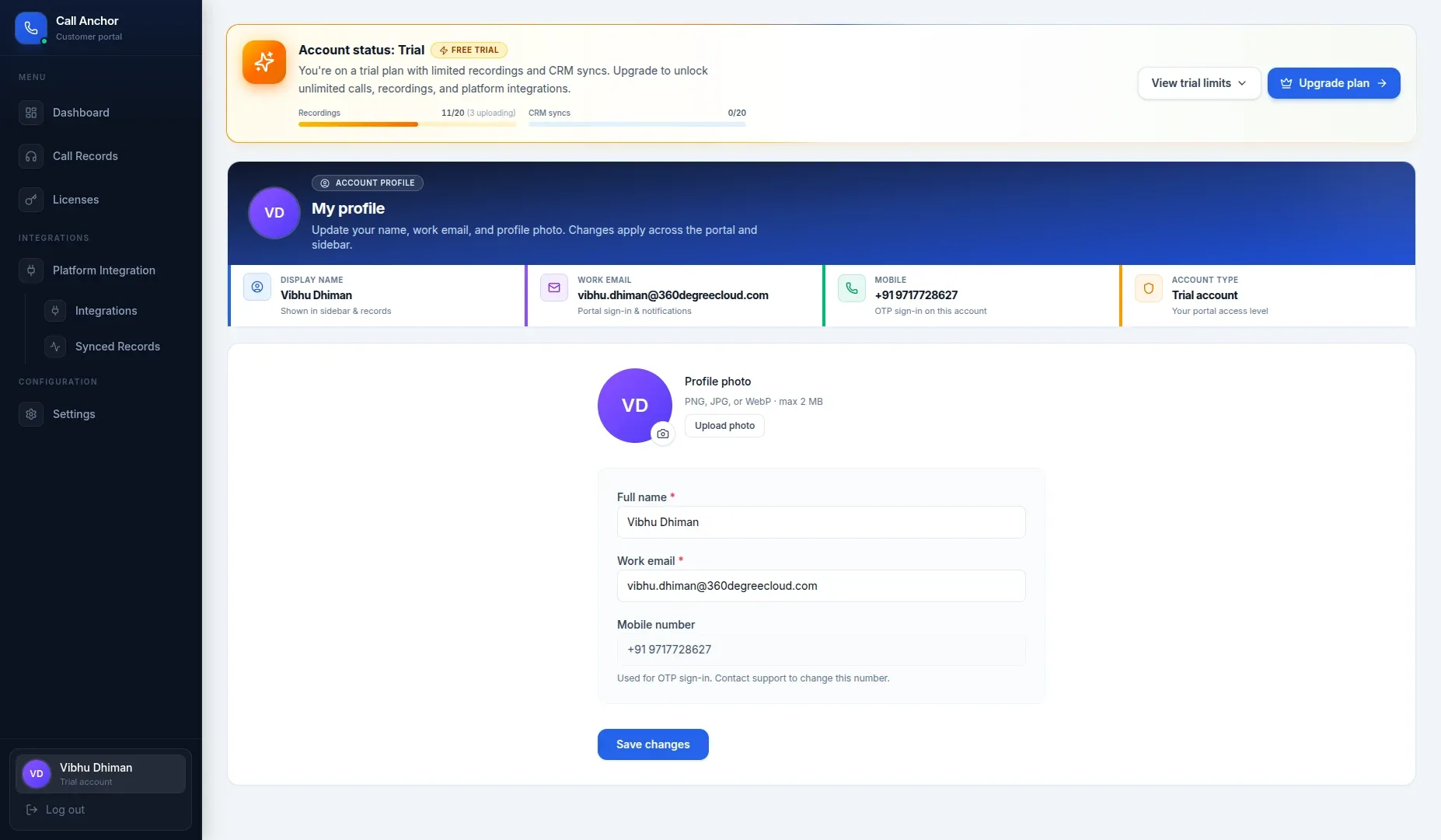 User Profile page.