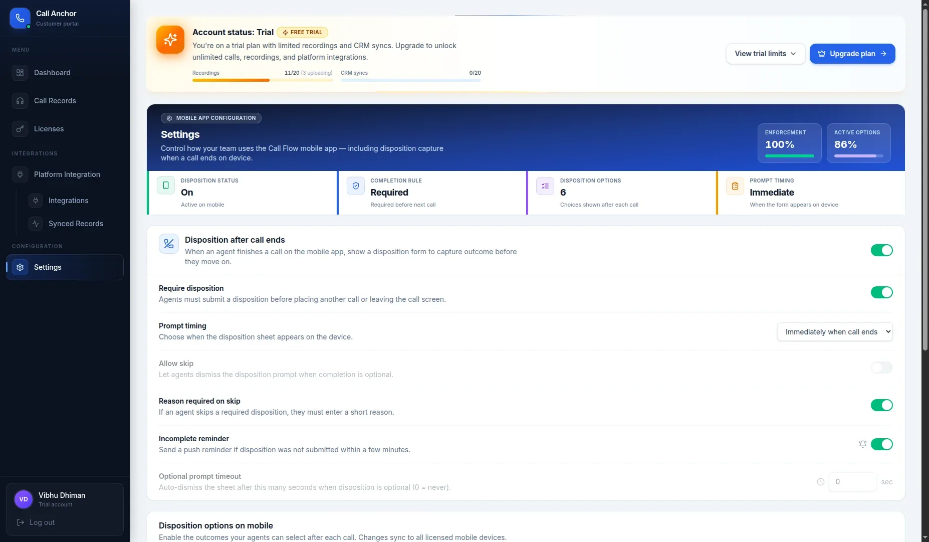 Settings page.