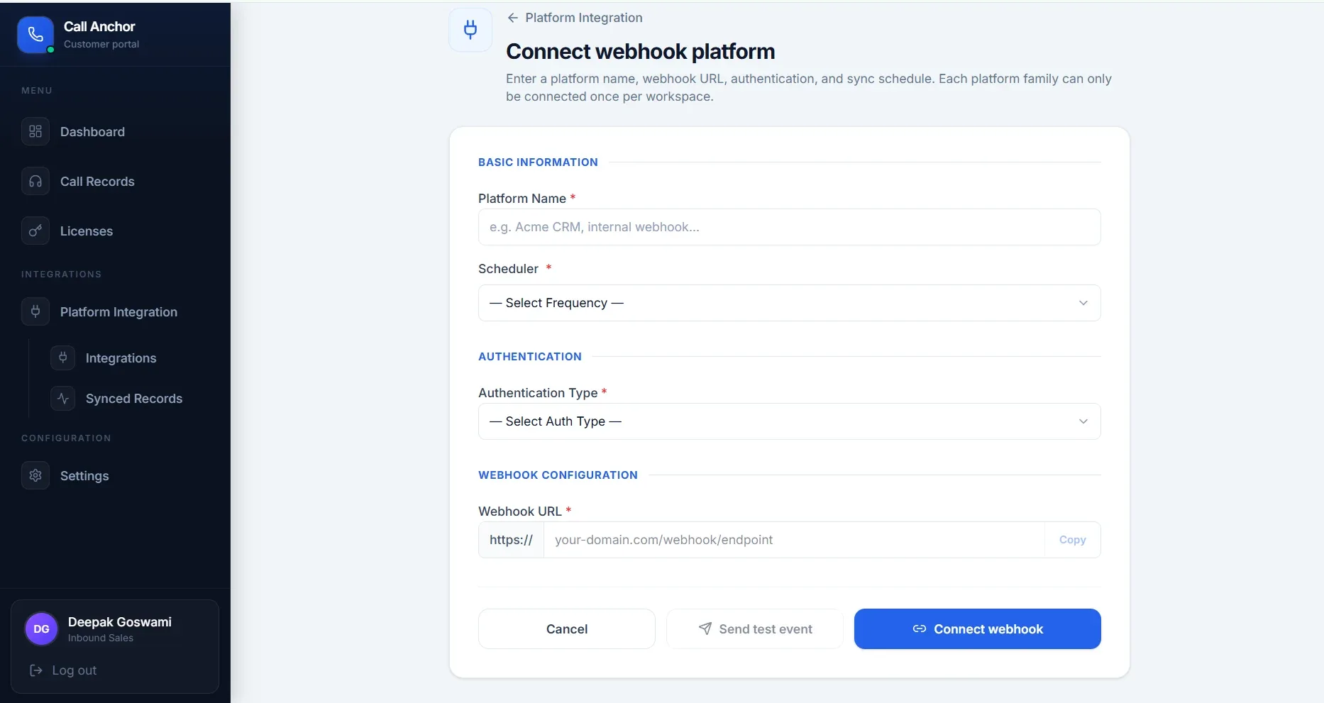 CRM Set-up screen for connecting your CRM to Call Anchor.