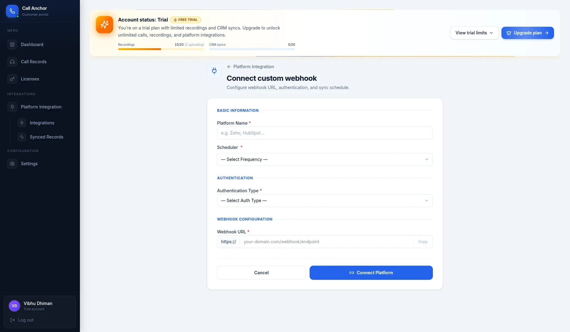 Platform Setup screen.
