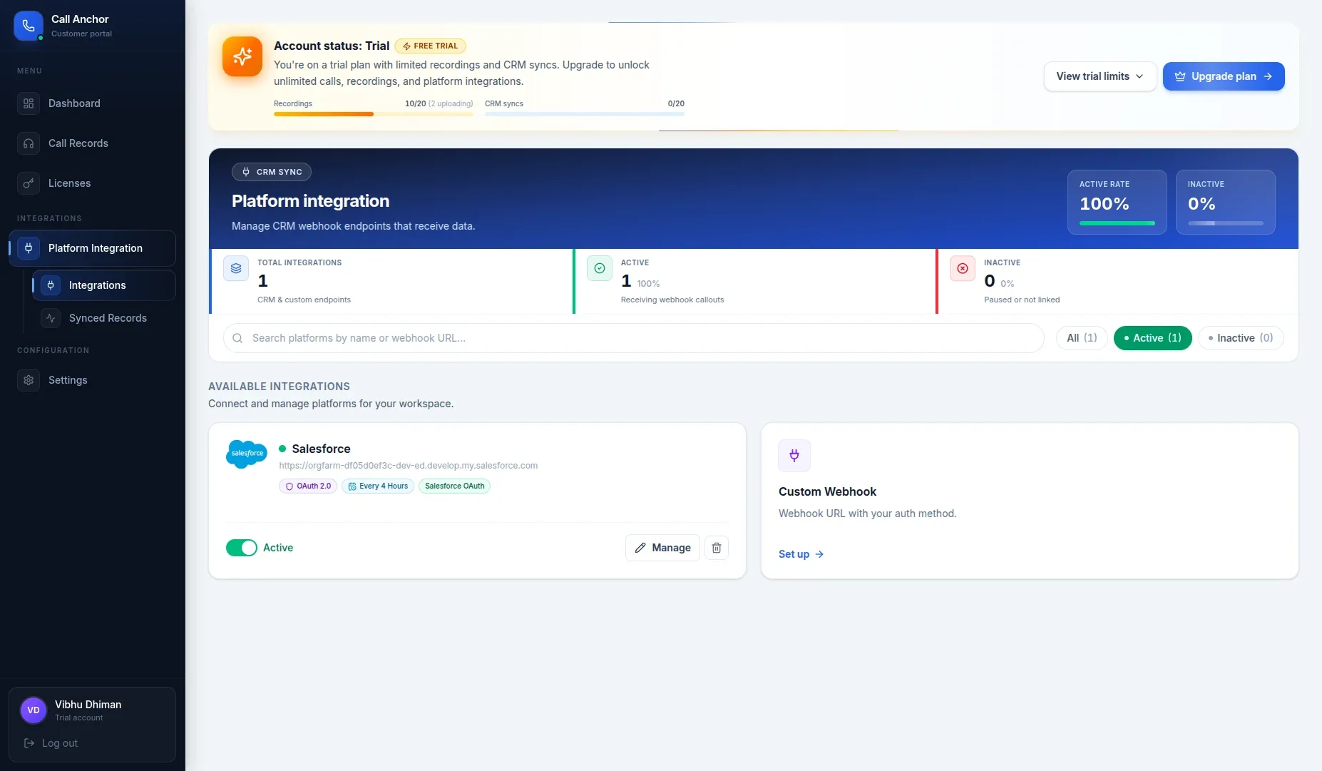 Platform Integration list showing connected and available platforms.