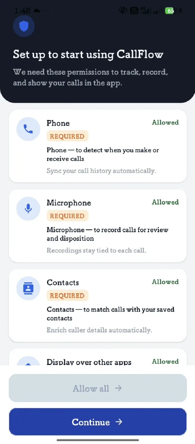 Permission setup screen — tap “Allow all” then “Continue.”