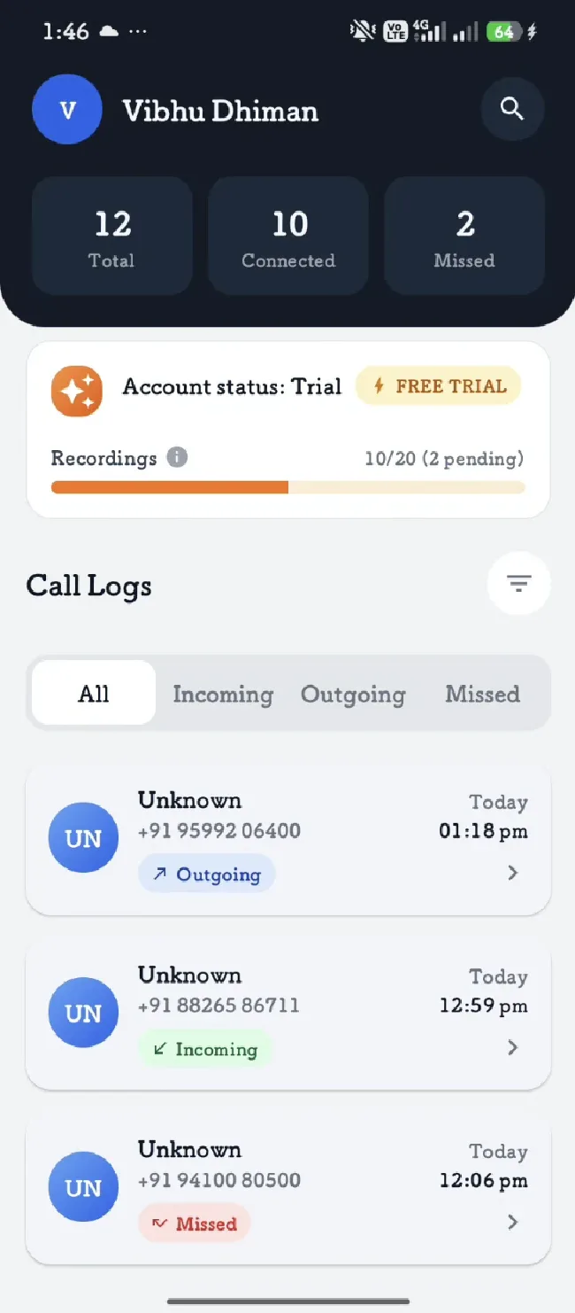 Home screen — call summary and recent logs