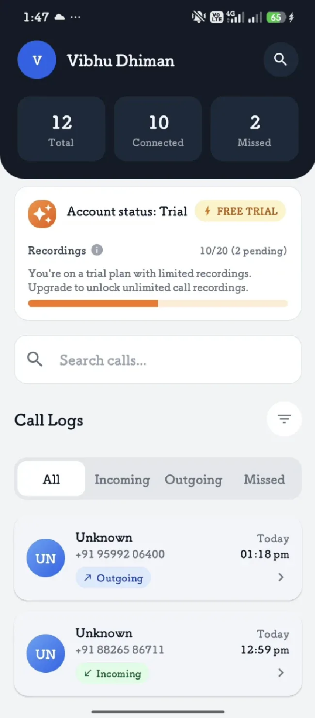 Home screen — search and call-type filters
