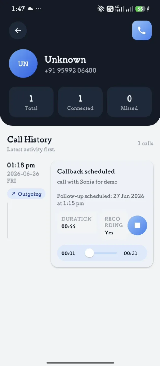 Call detail view with disposition notes and recording playback.