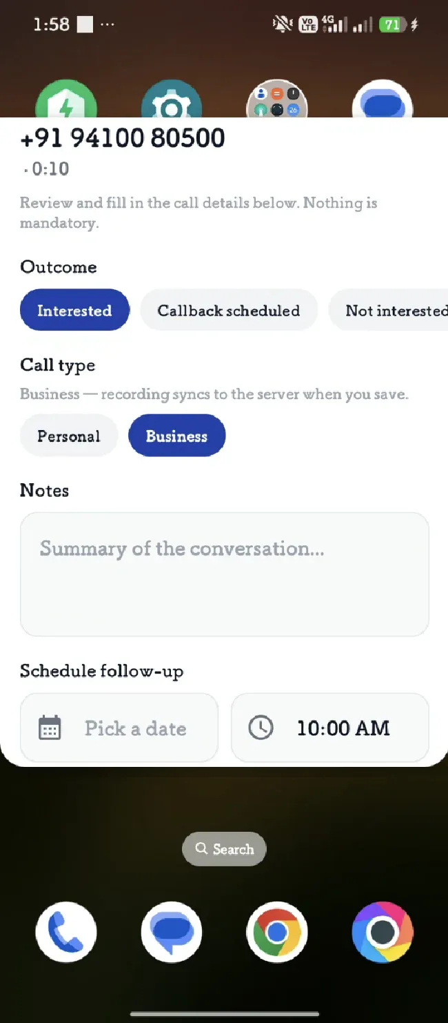 Post-call disposition pop-up — outcome, call type, notes, and follow-up.