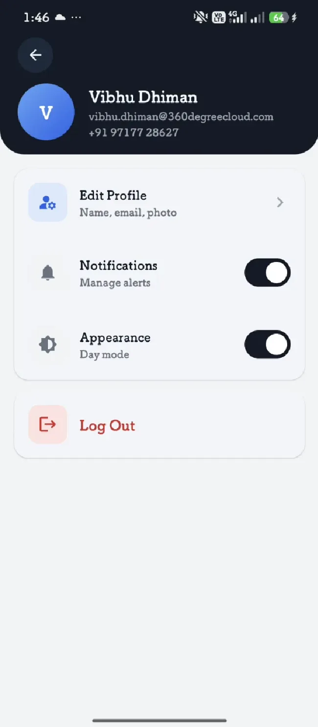 Account menu — profile, notifications, appearance