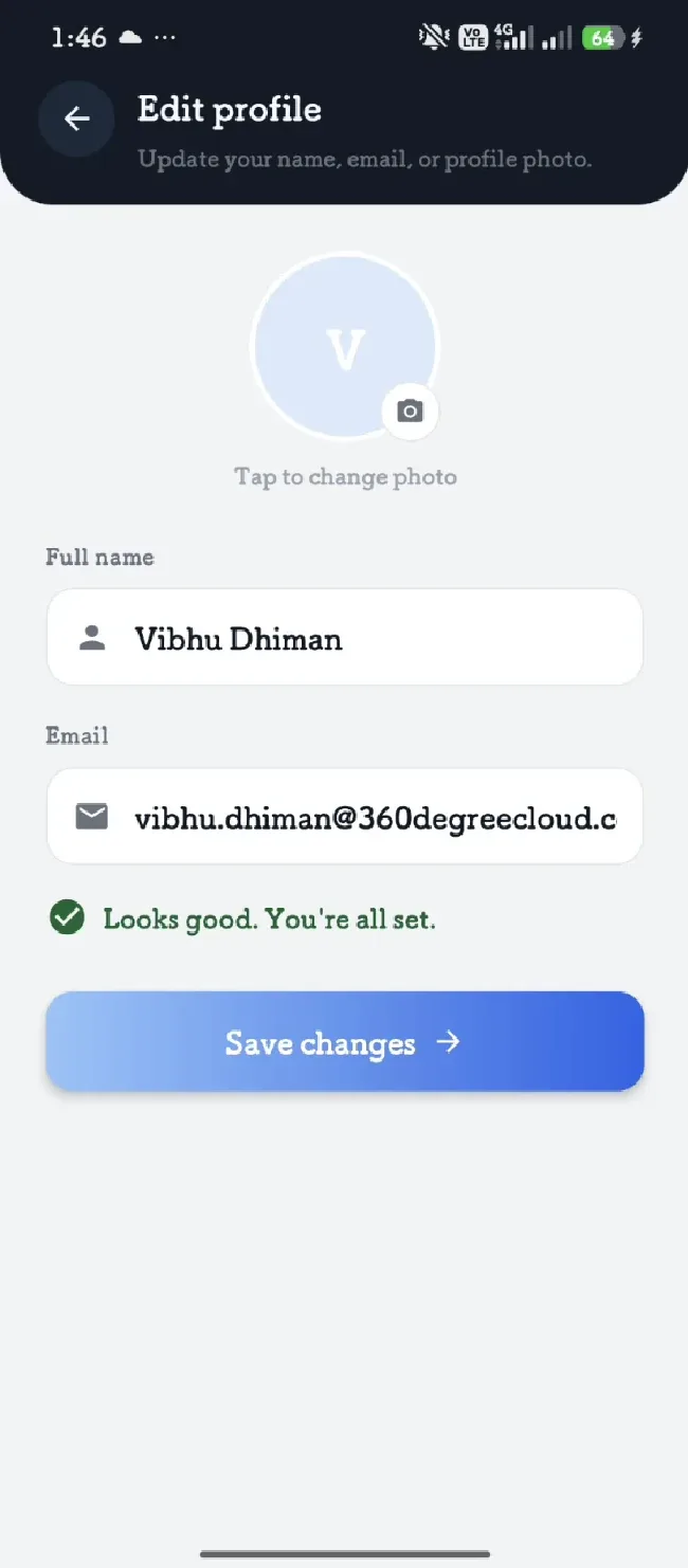 Edit profile — name, email, and photo