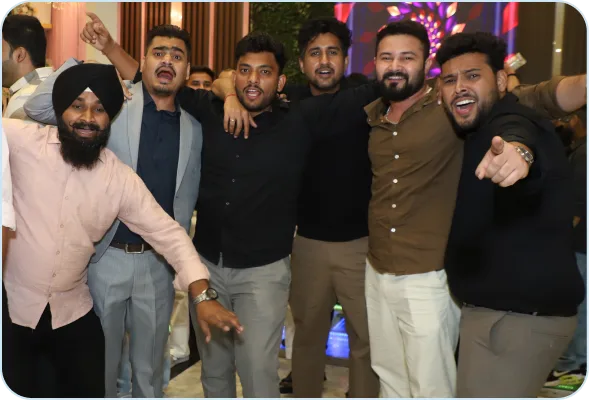 Team members at a festive office celebration
