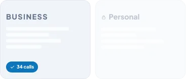 Two panels: business calls visible, personal calls locked and blurred.