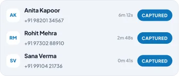 Call list showing three reps' mobile calls marked as captured.