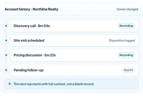 Account handover view listing previous calls, outcomes, recordings and pending follow-ups for the incoming rep