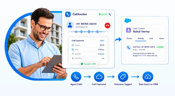 A property advisor on a mobile call while 360 CallAnchor captures the call and syncs it to the CRM lead record