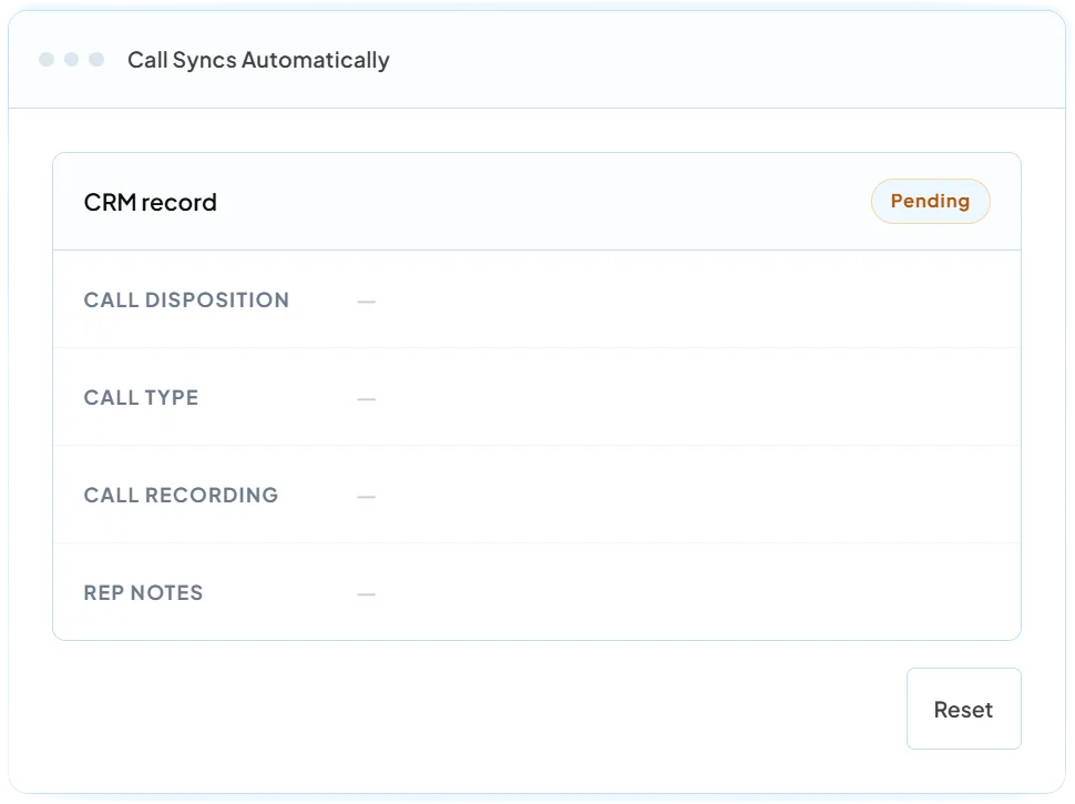 The synced CRM record showing disposition, call type, recording and rep notes