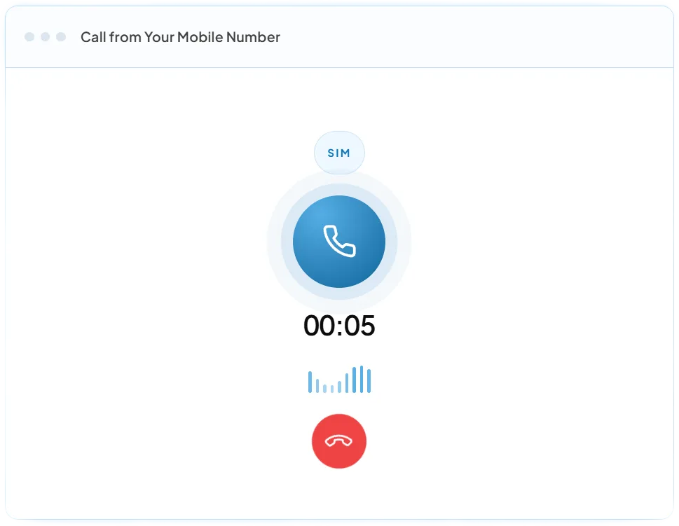 A live call running on the rep's own mobile SIM with a call timer