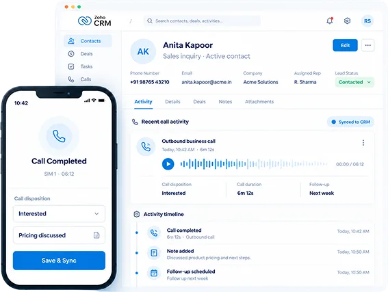 A completed call on a rep's mobile phone next to the Zoho CRM activity record updating with the call details and recording