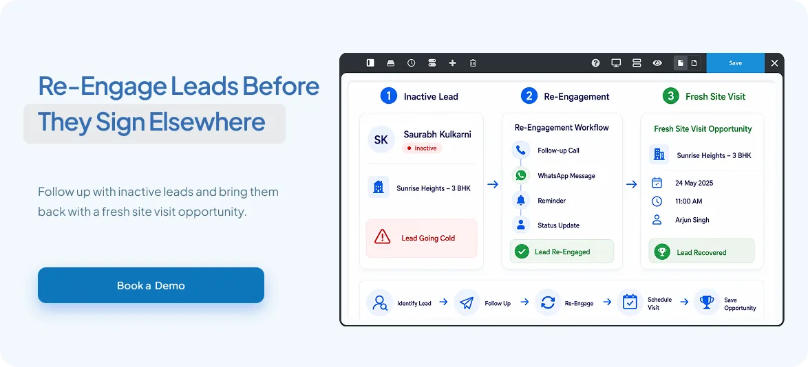 Re-Engage Leads Before They Sign Elsewhere — follow up with inactive leads and bring them back with a fresh site visit opportunity