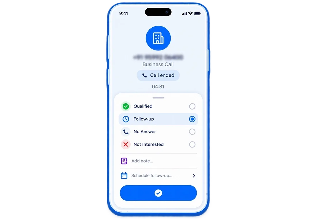 A call record showing duration, direction, caller number, disposition and follow-up date logged automatically the moment the call ended
