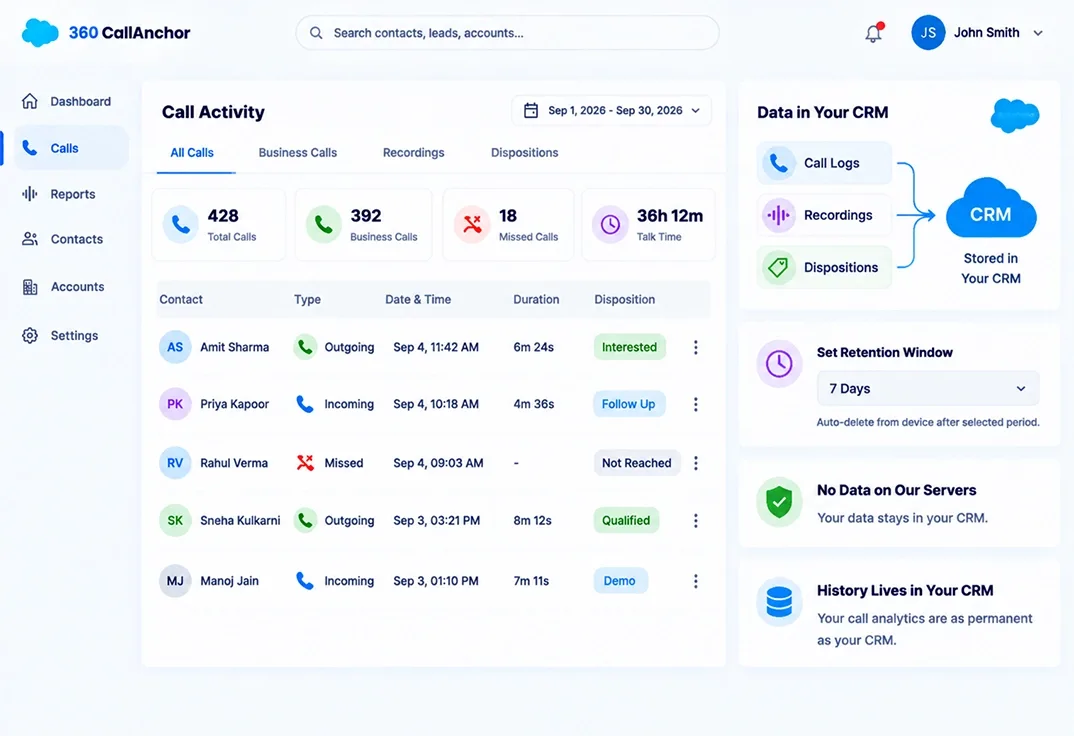 Data retention configuration screen with the retention window set and a note that records live in your CRM