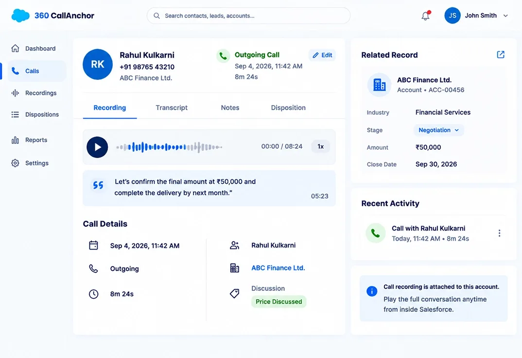 Four-step flow: a call happens with no internet, data is saved locally, internet returns, and the record syncs to the CRM
